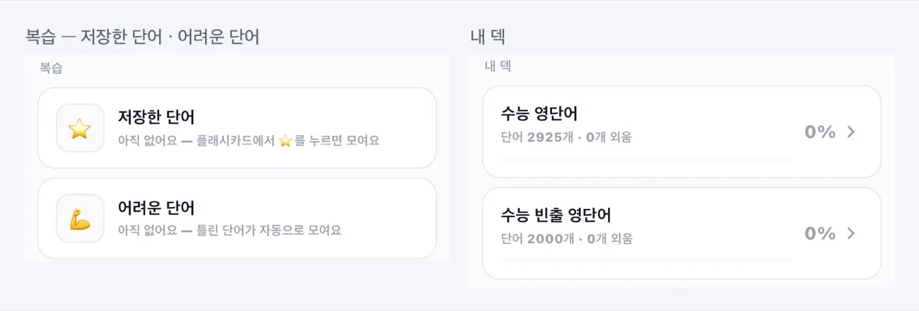 단어장 탭의 복습 카드와 내 덱 목록