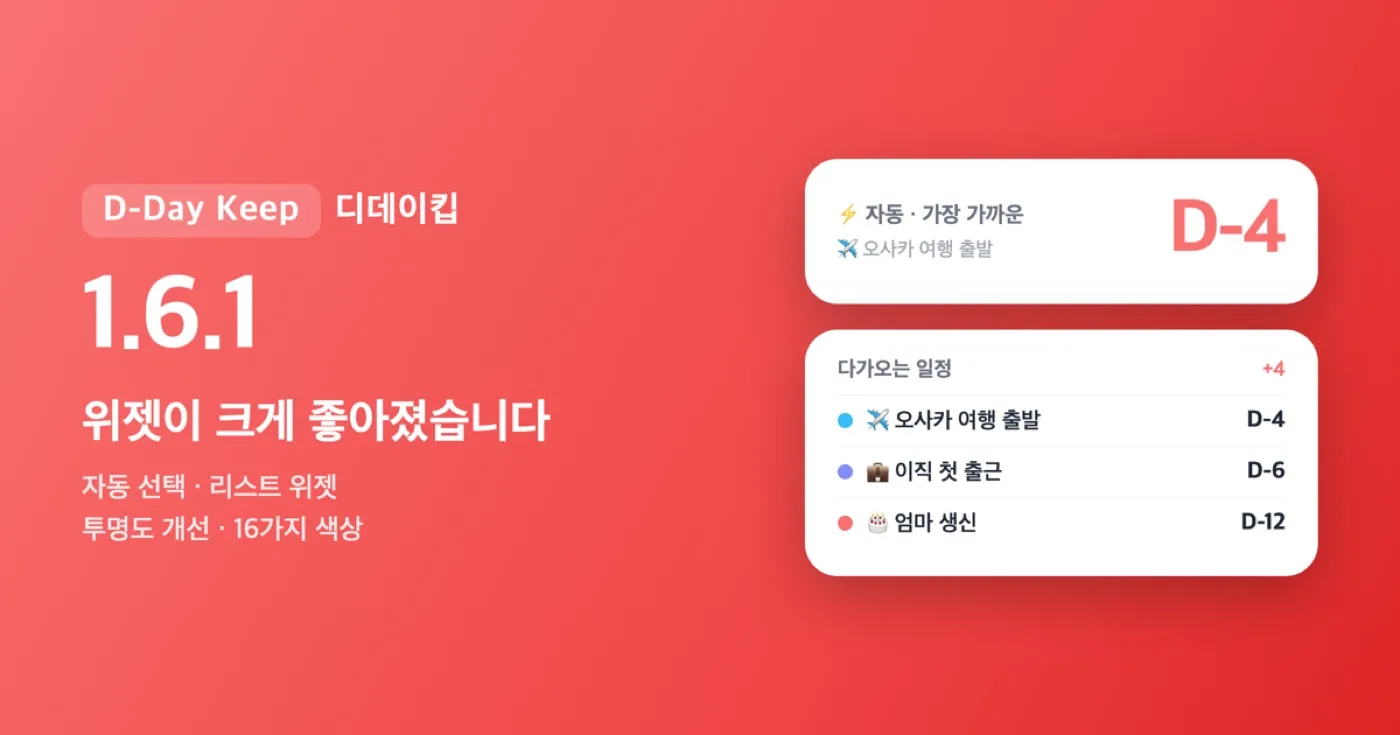 디데이킵(D-Day Keep) 1.6.1 업데이트 — 위젯 자동 선택과 리스트 위젯, 16가지 색상