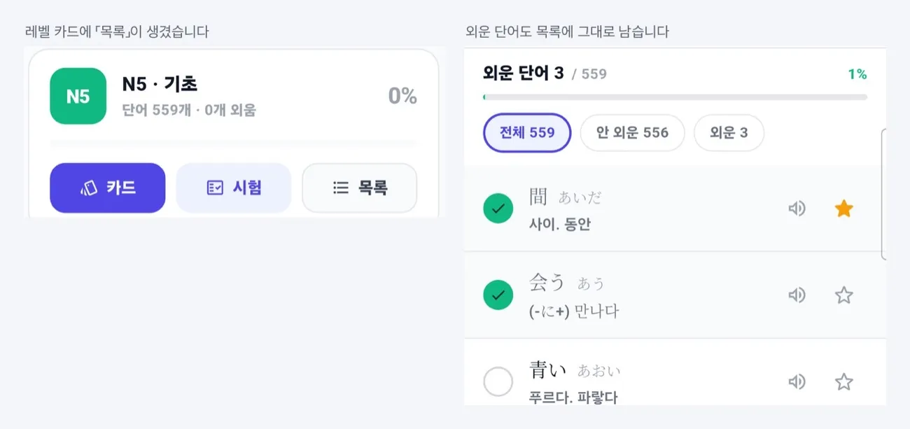 레벨 카드의 목록 버튼과 단어 목록 화면