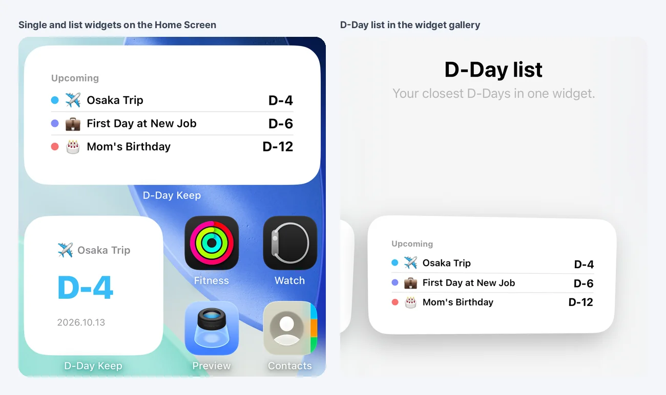 Single and list widgets on the home screen
