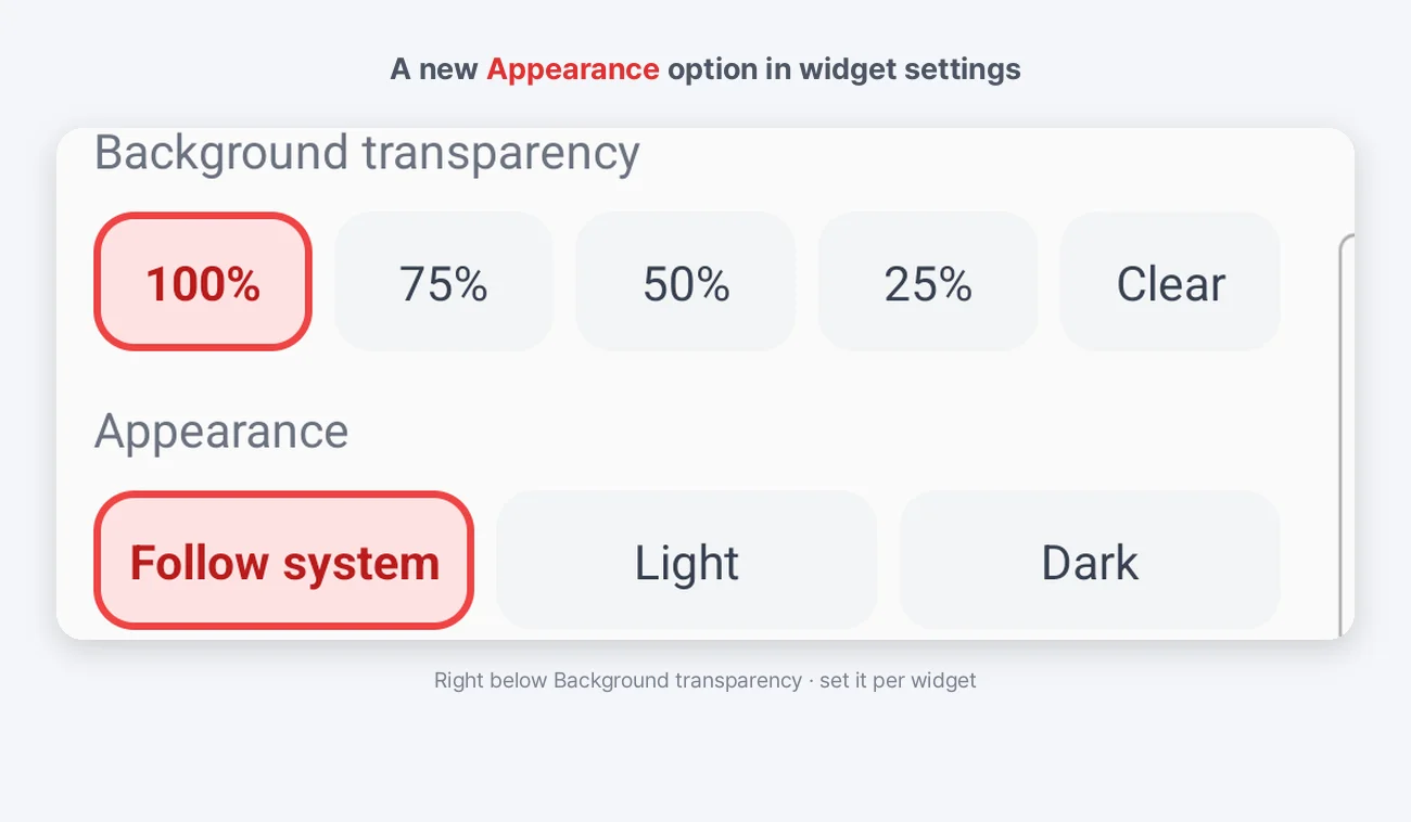 The Appearance option in widget settings — Follow system · Light · Dark
