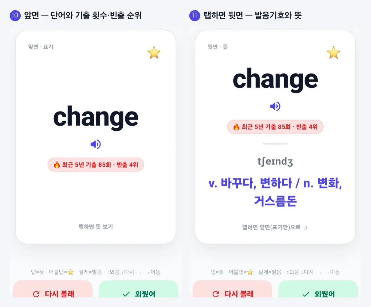 플래시카드 앞면의 단어와 기출 횟수·빈출 순위, 뒷면의 발음기호와 뜻