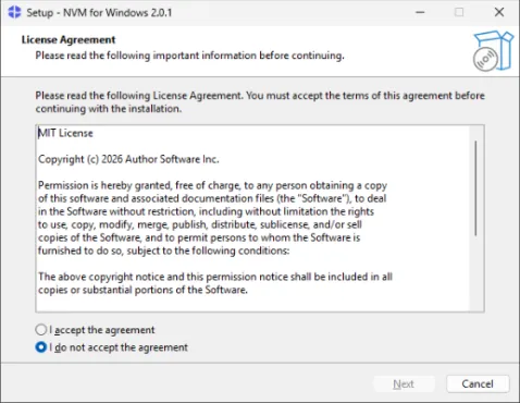 NVM for Windows 2.0.1 설치 마법사의 라이선스 동의 화면