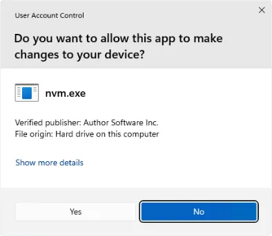 nvm.exe 사용자 계정 컨트롤 확인 창