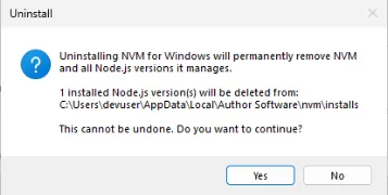 nvm이 관리하는 Node.js 버전도 삭제된다는 안내 창