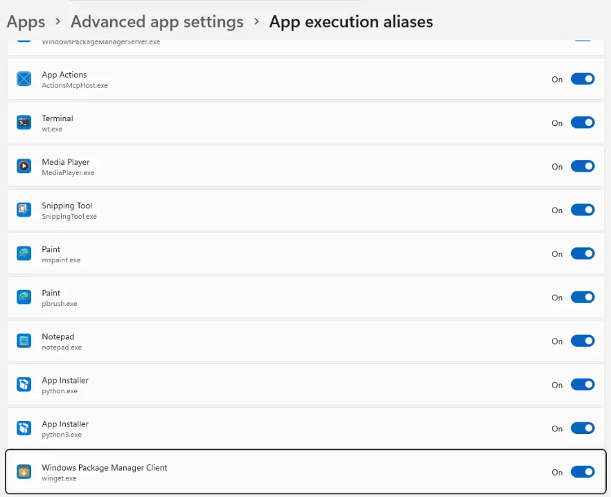 App Installer python.exe와 python3.exe가 켜져 있는 앱 실행 별칭 화면