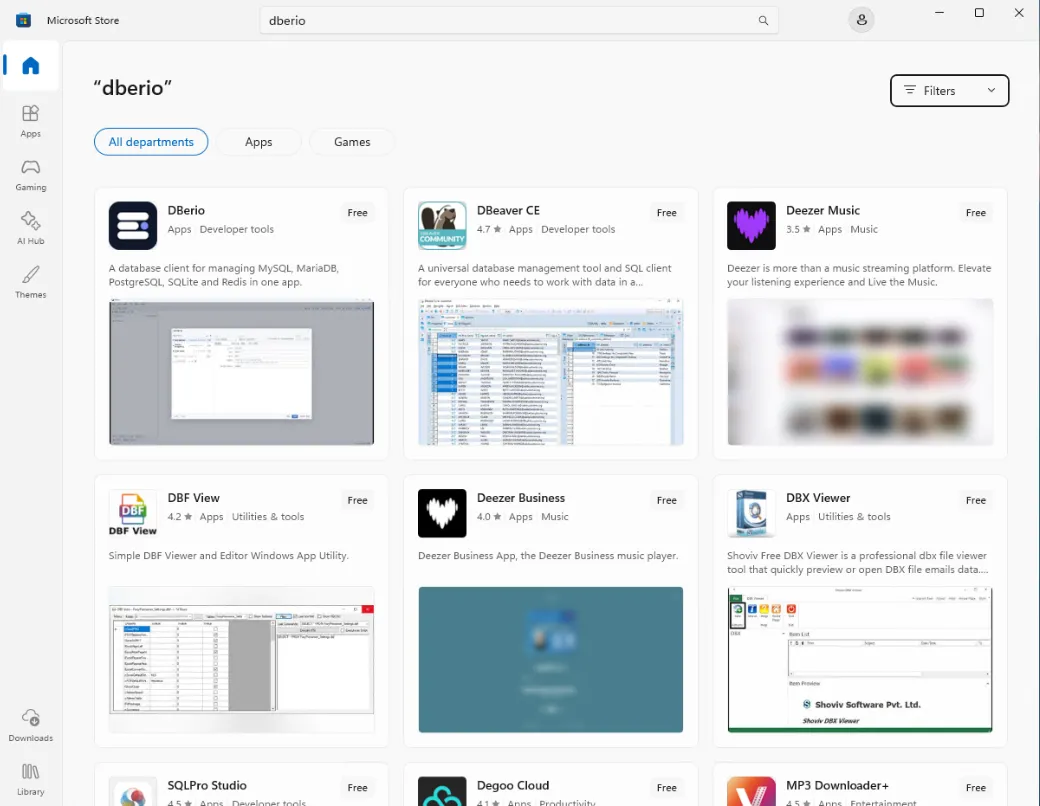 Microsoft Store에서 dberio를 검색한 결과 화면
