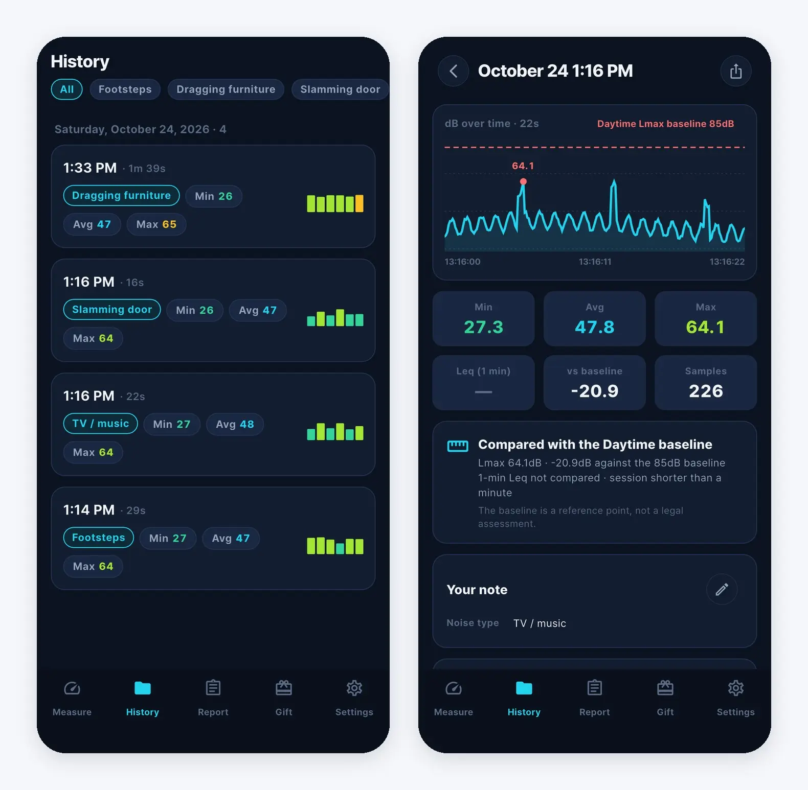 Sound Meter session list and session details with the Play recording item