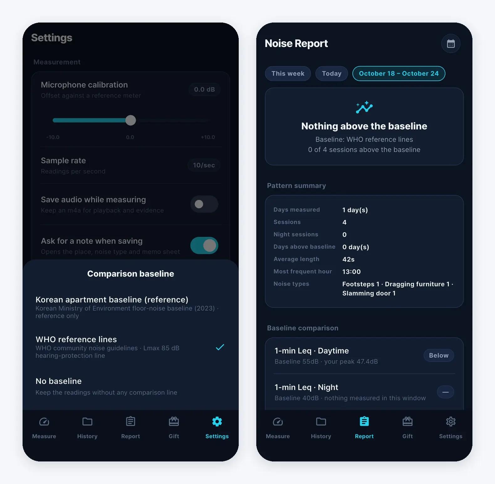 Sound Meter comparison baseline selection screen and the Noise Report screen with a period selected