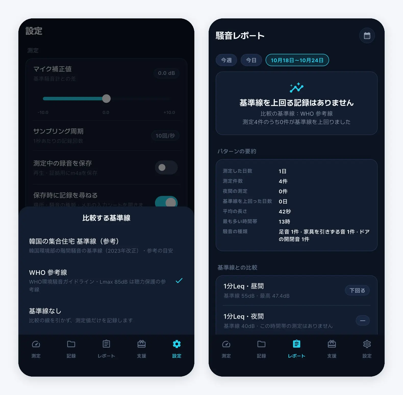 騒音測定器の比較する基準線の選択画面と、期間を選んだ騒音レポート画面
