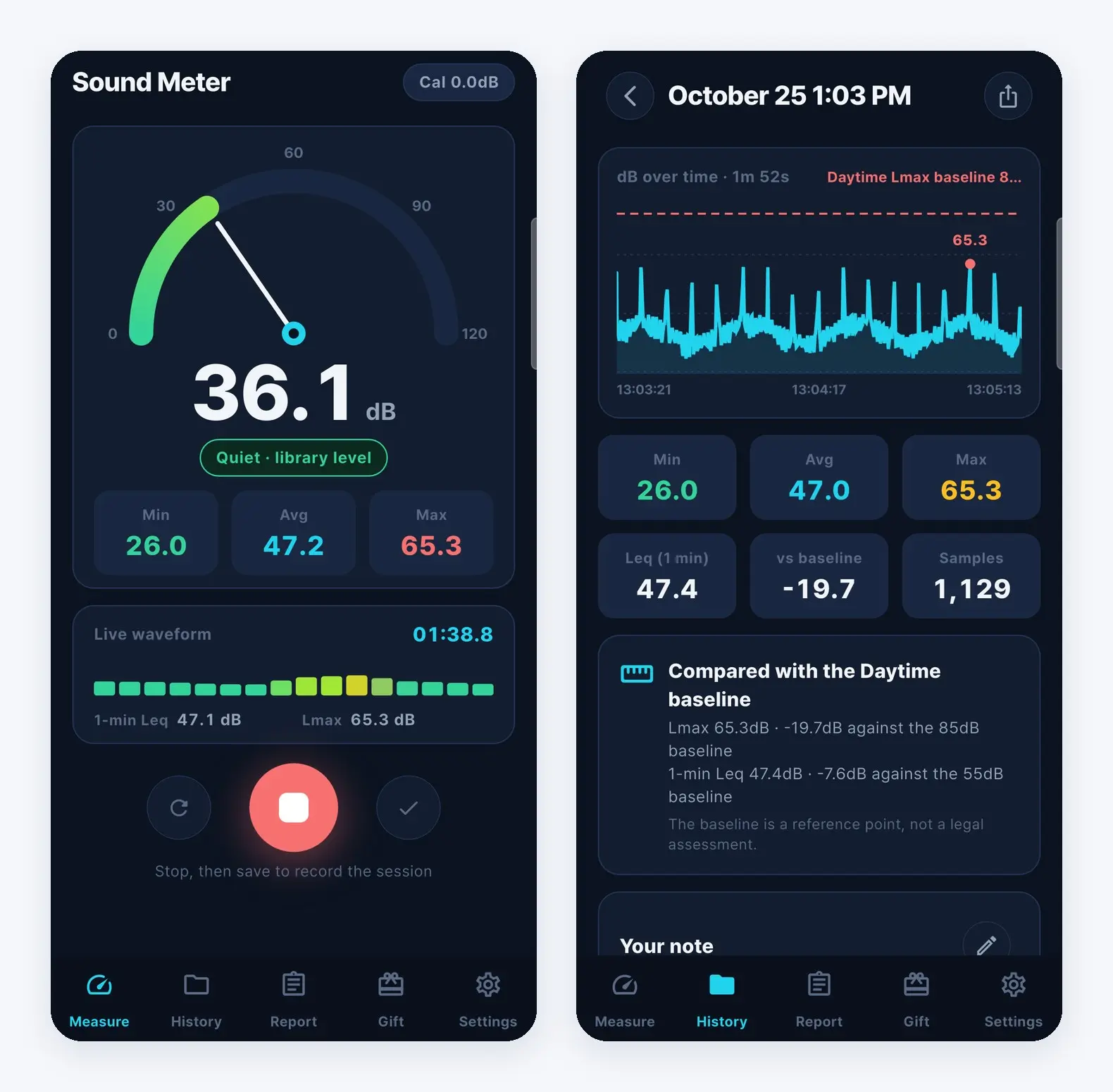 Sound Meter Android 1.1.0 measuring screen and session details screen